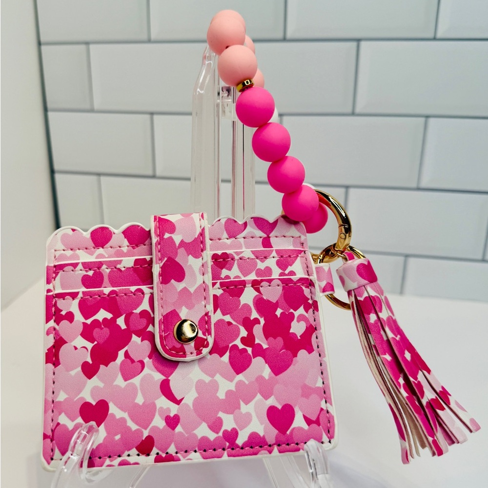 Pink Heart Card Holder with Beaded Keychain